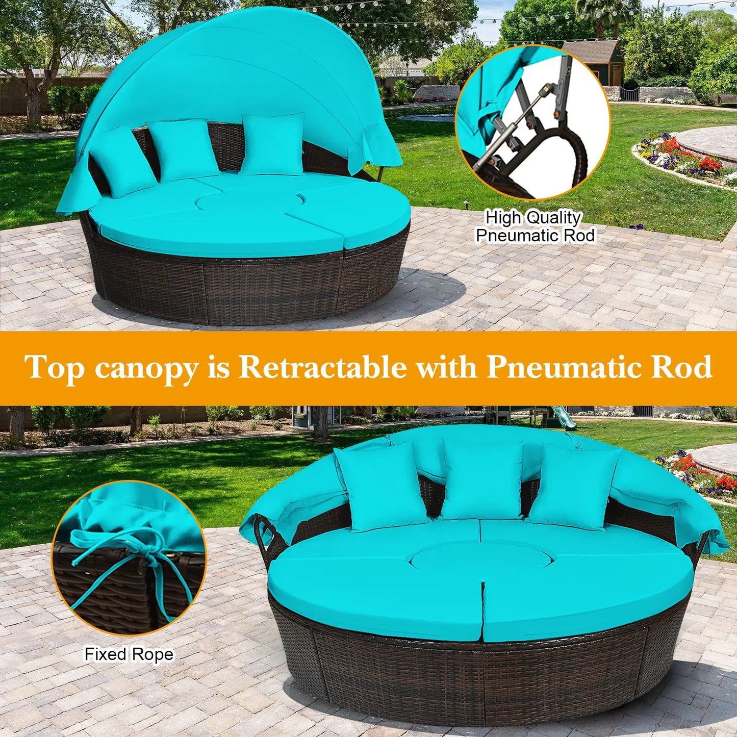 DirectDeals Patio Round Daybed with Rattan Canopy and turquoise cushions in wicker base on Tampa Home & Garden Store