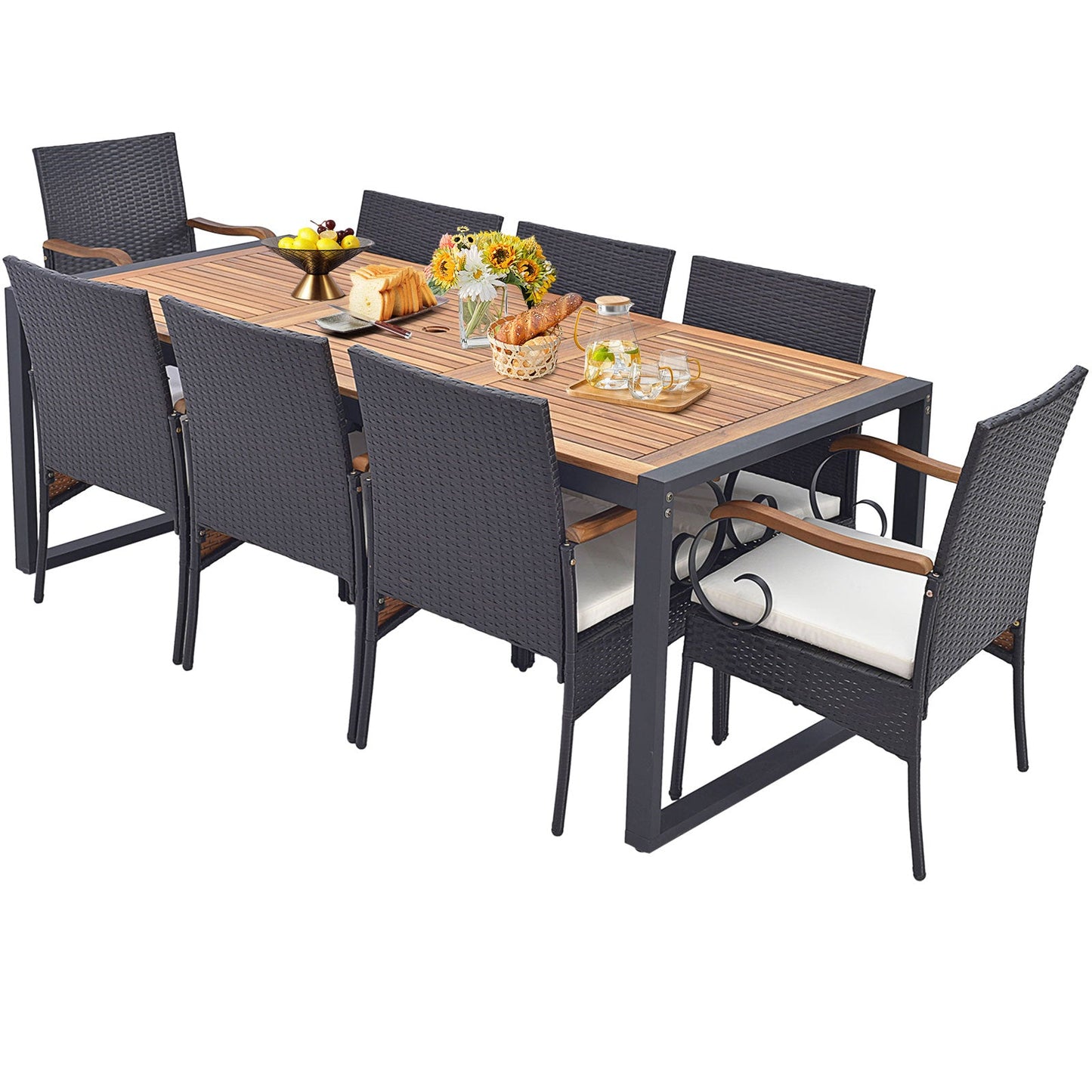 9 Pieces Patio Rattan Dining Set with Acacia Wood Table for Backyard Garden-L-shaped Handrail