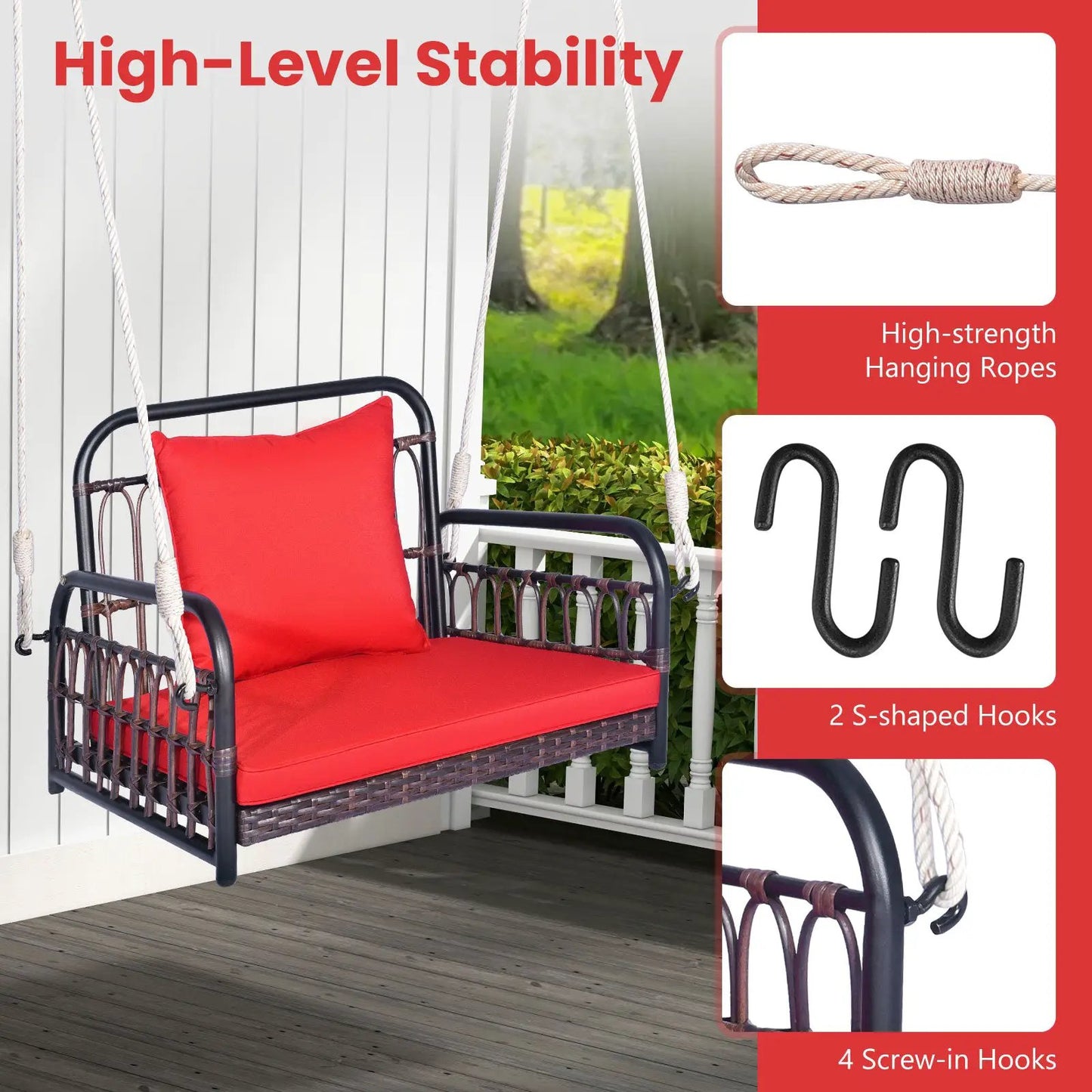 Rattan porch swing hammock chair with red cushions on black metal frame DirectDeals on Tampa Home & Garden Store