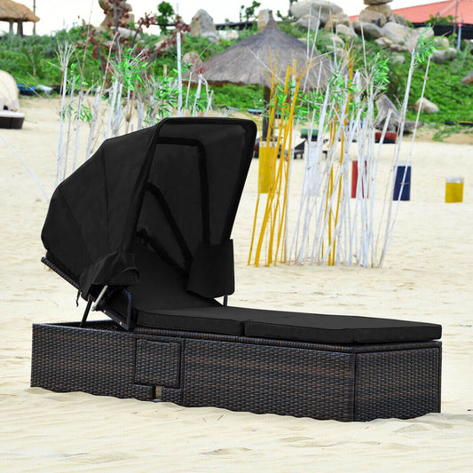Outdoor Adjustable Cushioned Chaise Lounge Chair with Folding Canopy-Black - Tampa Home & Garden Store