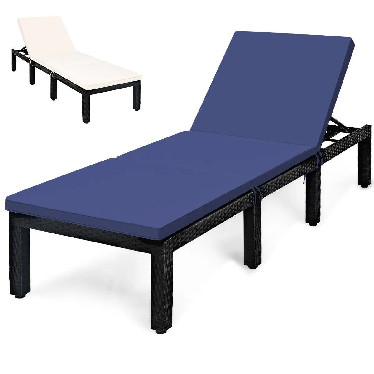 Patio rattan height adjustable lounge chair with blue cushion and black wicker frame on Tampa Home & Garden Store