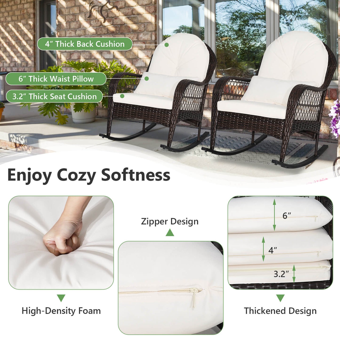 Mecedora de ratán para patio con cojines de asiento y almohada lumbar - Blanca