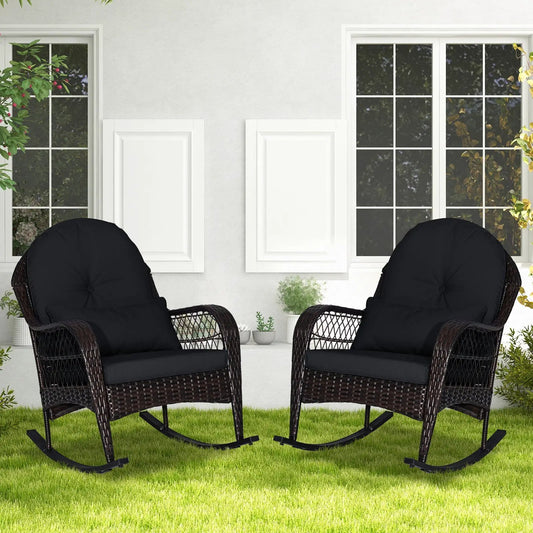 Patio rattan rocking chairs with cushions, 2 dark brown wicker seats, DirectDeals on Tampa Home & Garden Store
