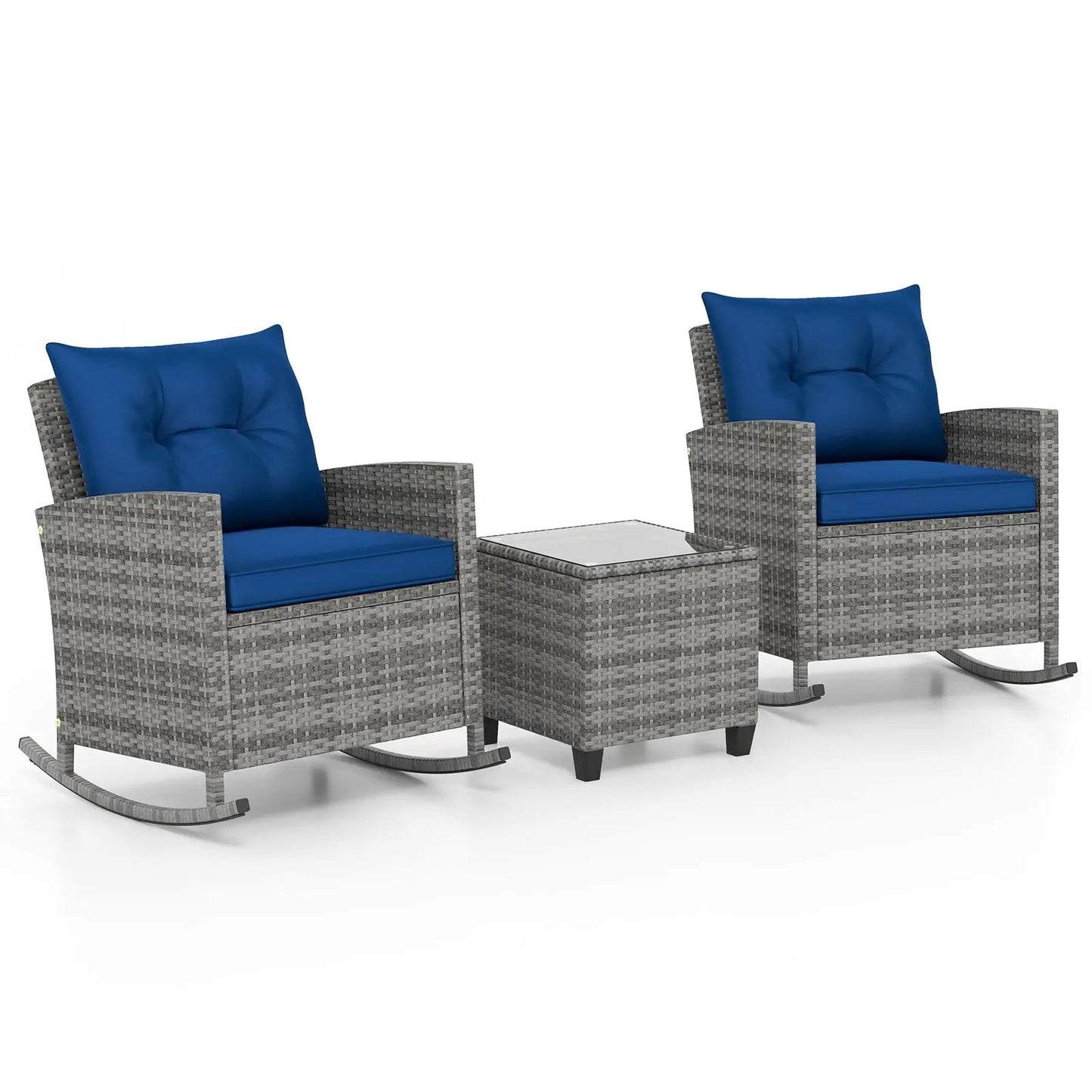 Rattan rocker chairs with blue cushions and tempered glass table on gray wicker set for two on Tampa Home & Garden Store