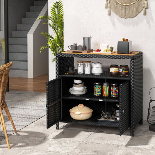 Gabinete de Almacenamiento de Ratán con Encimera de Madera de Acacia para Cubierta de Piscina y Patio-Negro