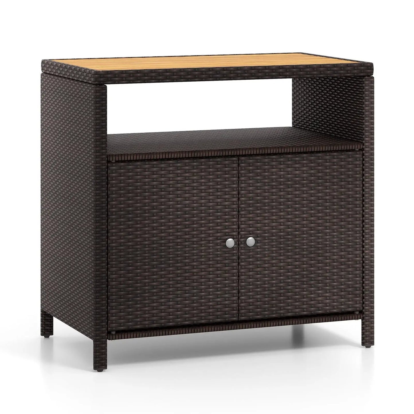 Rattan storage cabinet with acacia countertop, dark brown woven exterior, open upper shelf and two-door base storage on Tampa Home & Garden Store