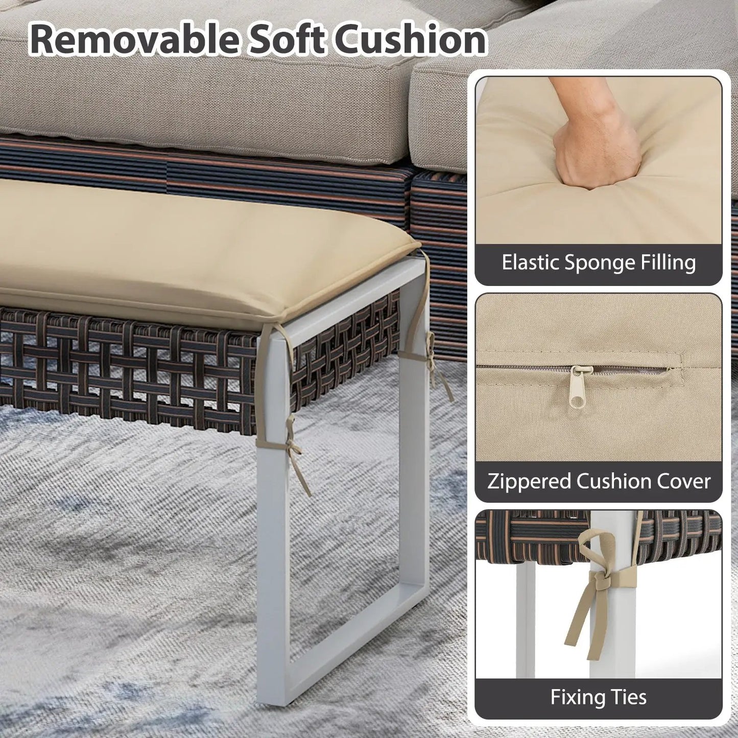Patio rectangle ottoman with beige cushion, metal legs, and woven base on Tampa Home & Garden Store
