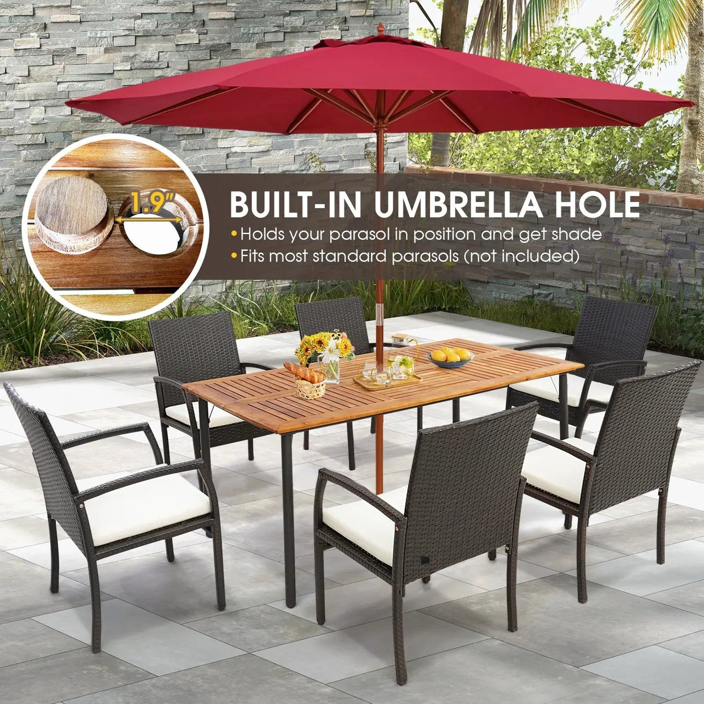 Patio acacia wood dining table with umbrella hole and six black wicker chairs DirectDeals on Tampa Home & Garden Store