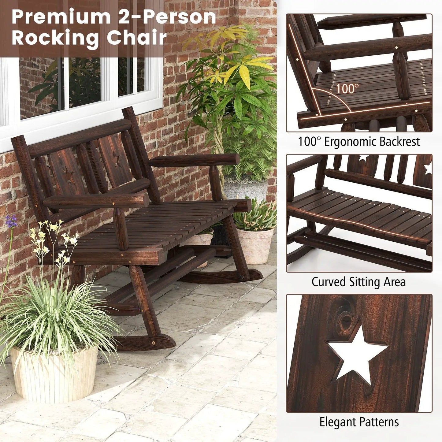 DirectDeals Patio rocking bench and double rocker chair, dark brown wood, 2-person set on Tampa Home & Garden Store