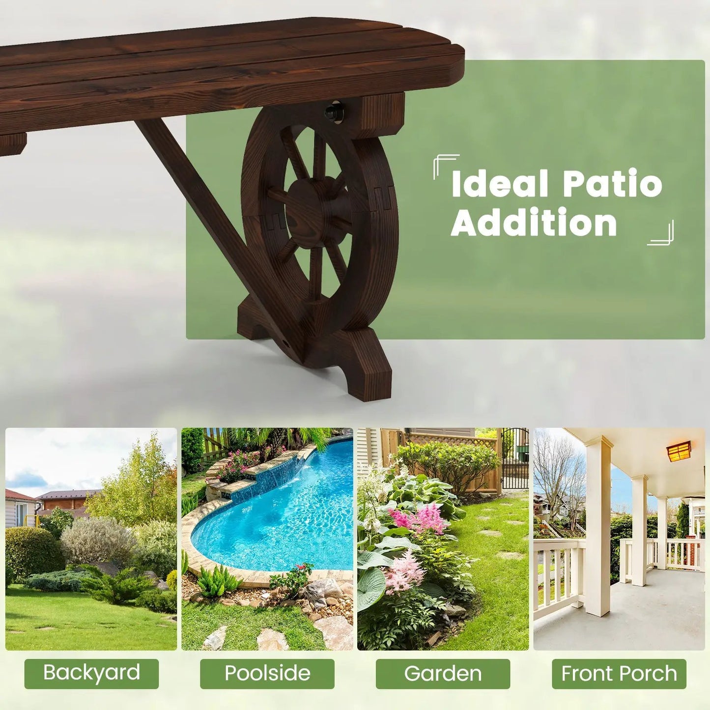 Patio Rustic Wood Bench With Wagon Wheel Base, dark stained wood for outdoor seating on Tampa Home & Garden Store