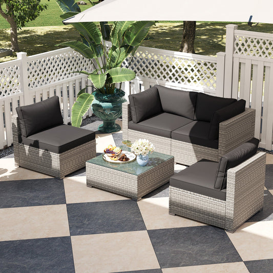 5-Piece Outdoor Patio Sectional Sofa Couch and Glass Coffee Table with Cushions-Black - Tampa Home & Garden Store