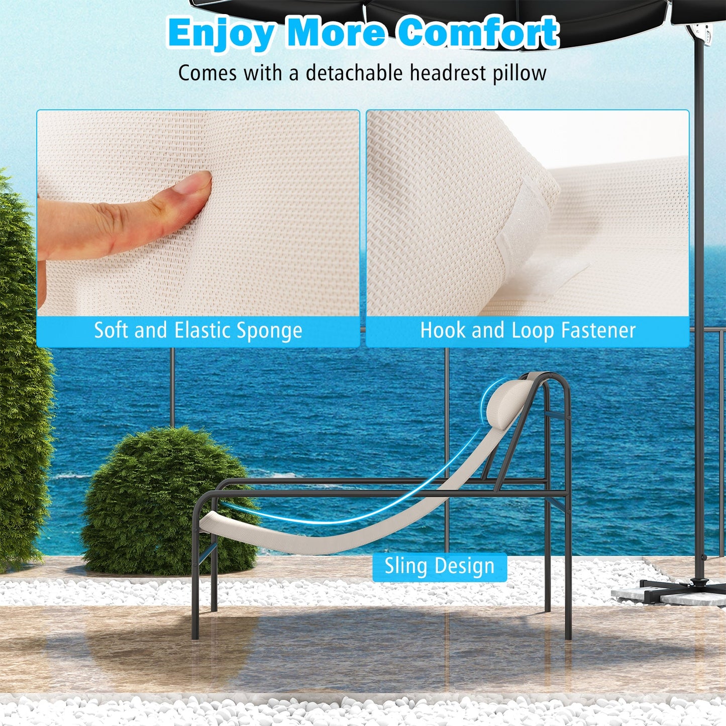 Tumbona con eslinga para patio con almohada reposacabezas extraíble y estructura de metal - Beige