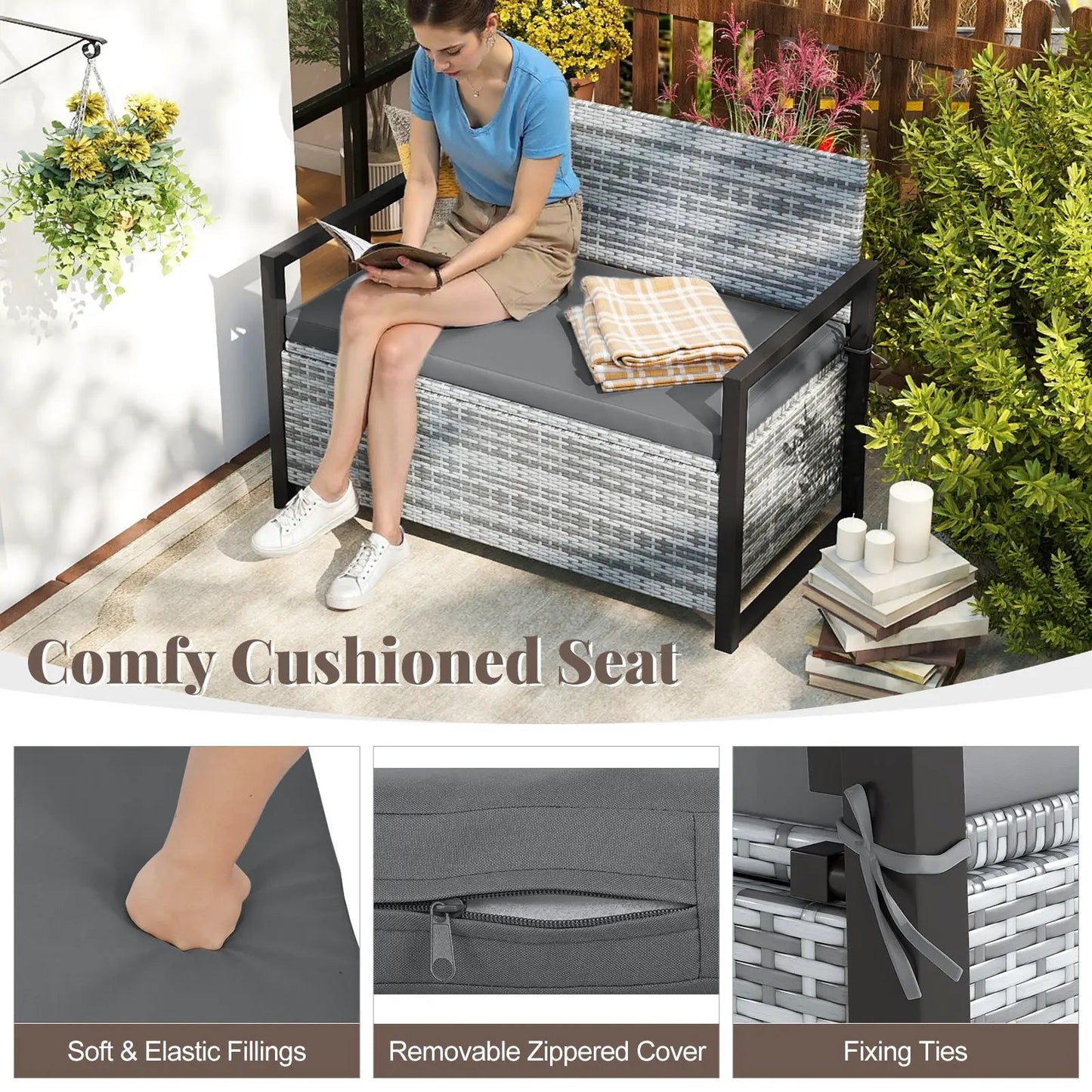 Patio Storage Bench with Hidden Storage, grey wicker and black frame DirectDeals on Tampa Home & Garden Store