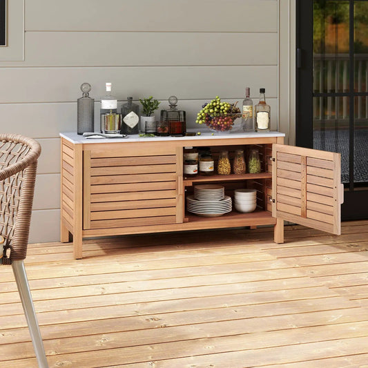 Patio storage cabinet Acacia wood with marble top 2-door slatted outdoor unit on Tampa Home & Garden Store