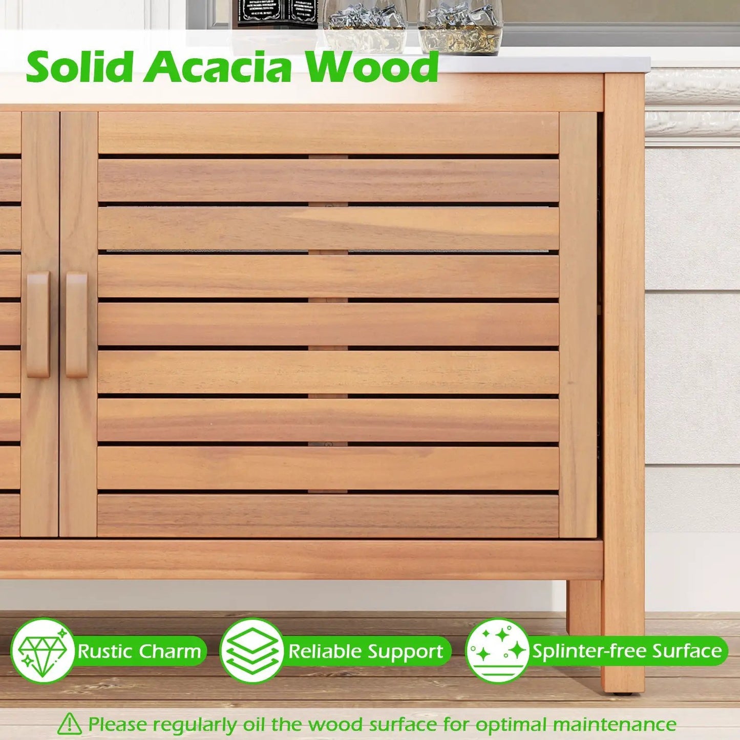 Patio storage cabinet 2-door acacia wood with marble top on Tampa Home & Garden Store