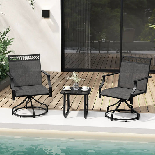 Patio Swivel Dining Chairs Set of 2 with Armrests, black metal frame and gray mesh seats on Tampa Home & Garden Store