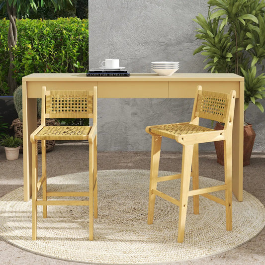 Two natural teak patio bar stools with woven rattan backrests and seats on Tampa Home & Garden Store