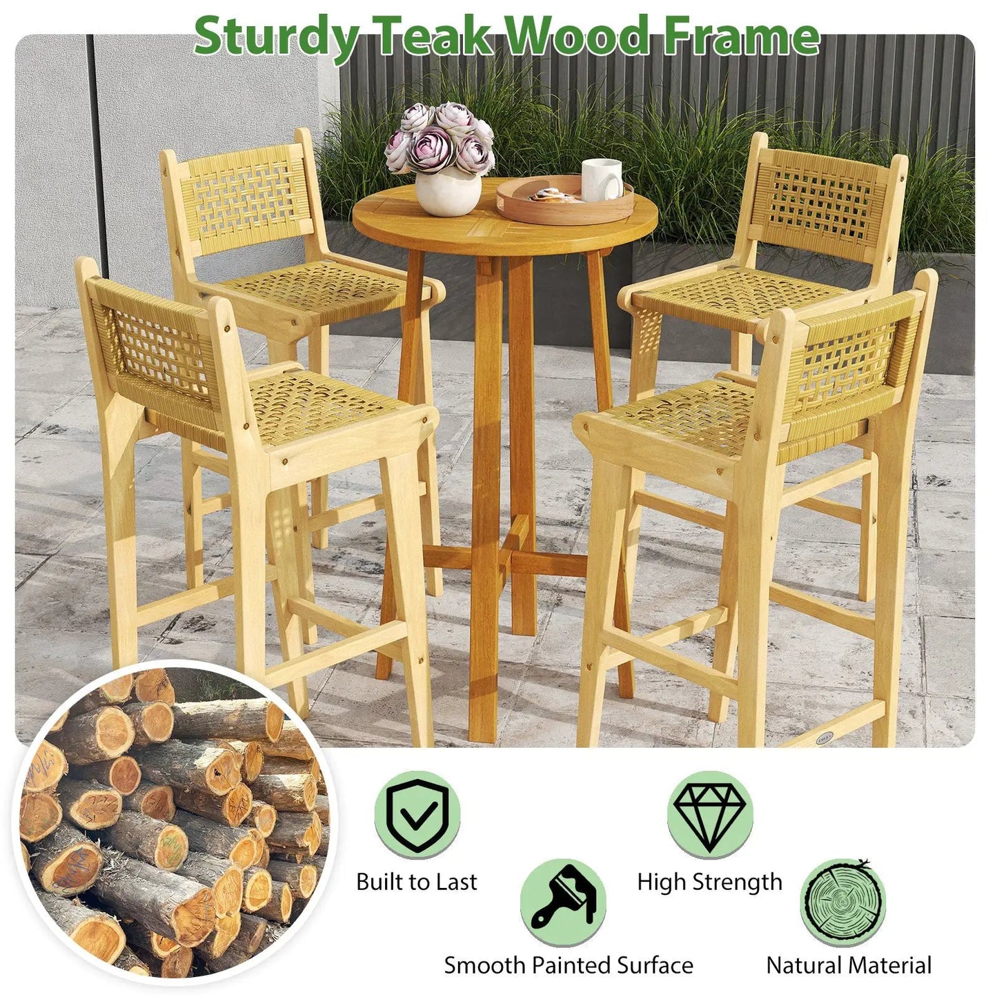 Patio teak bar stool with woven rattan back and seat, natural finish set of 4 on Tampa Home & Garden Store