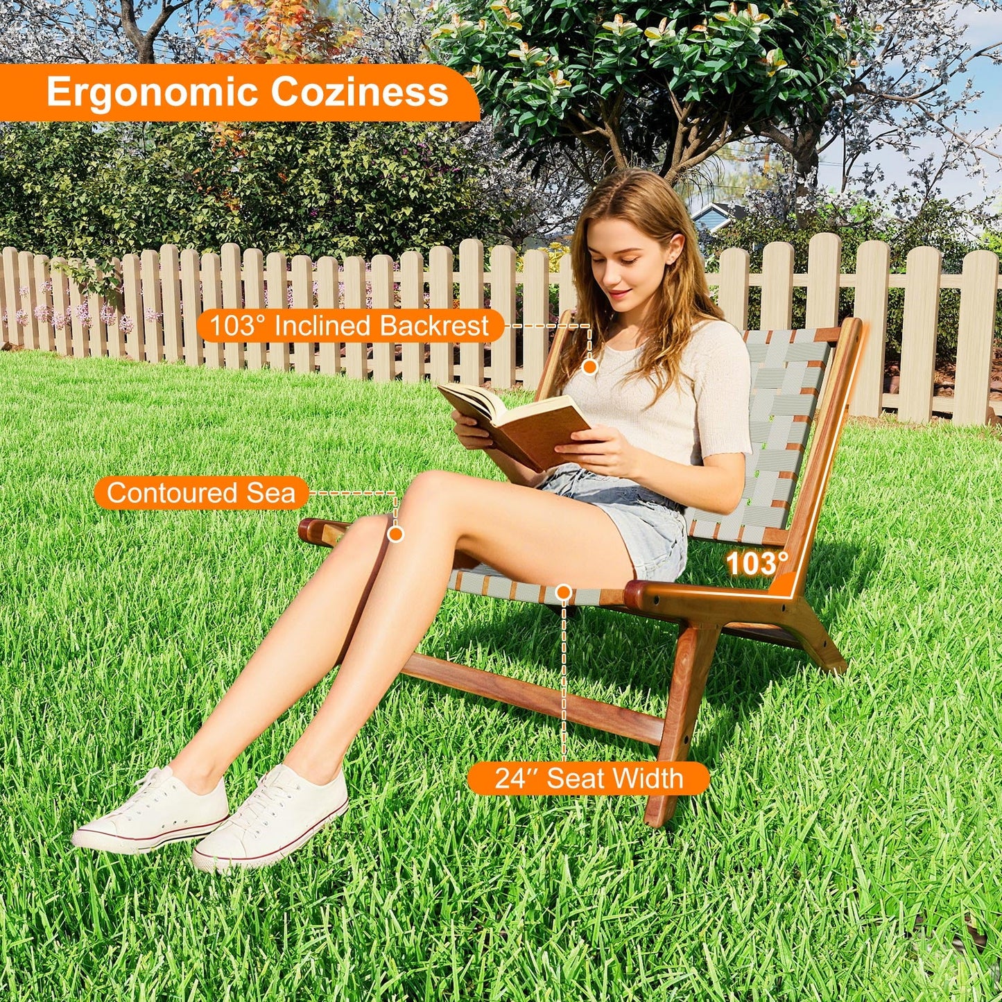 Patio teak wood club chair with nylon webbing seat in a sunny backyard on Tampa Home & Garden Store