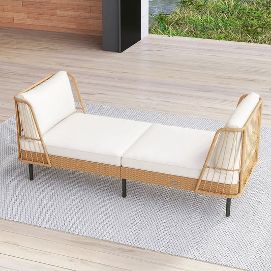 Patio Wicker Daybed Outdoor Boho Rattan Loveseat with white cushions on natural wicker on Tampa Home & Garden Store