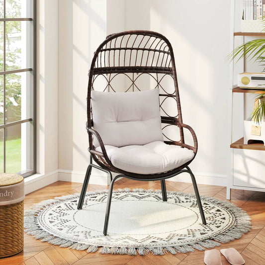 Patio Wicker Egg Chair with white cushions, brown rattan weave on black metal stand on Tampa Home & Garden Store
