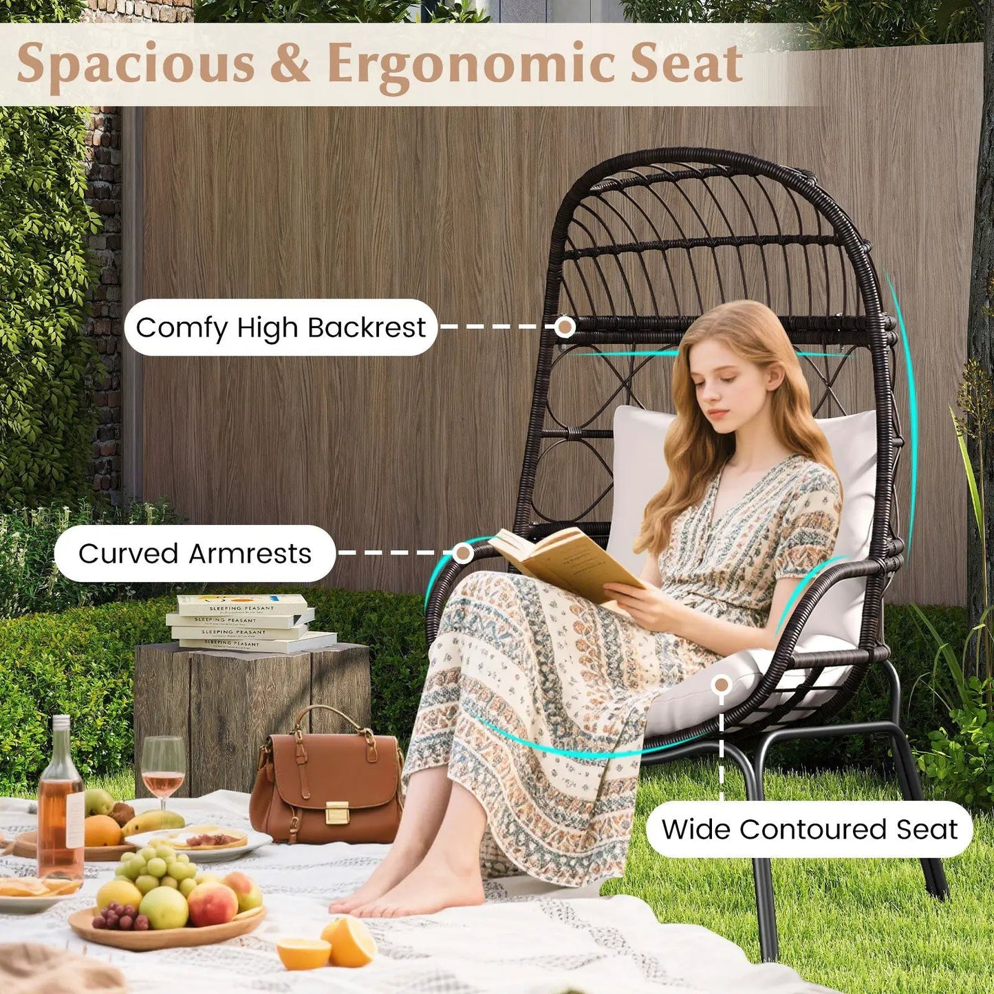 Patio Wicker Egg Chair with Cushions Brown by DirectDeals, curved arms outdoor swing chair on Tampa Home & Garden Store