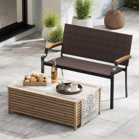 Patio Wicker Loveseat Chair with Acacia Wood Armrests and Metal Frame - Tampa Home & Garden Store