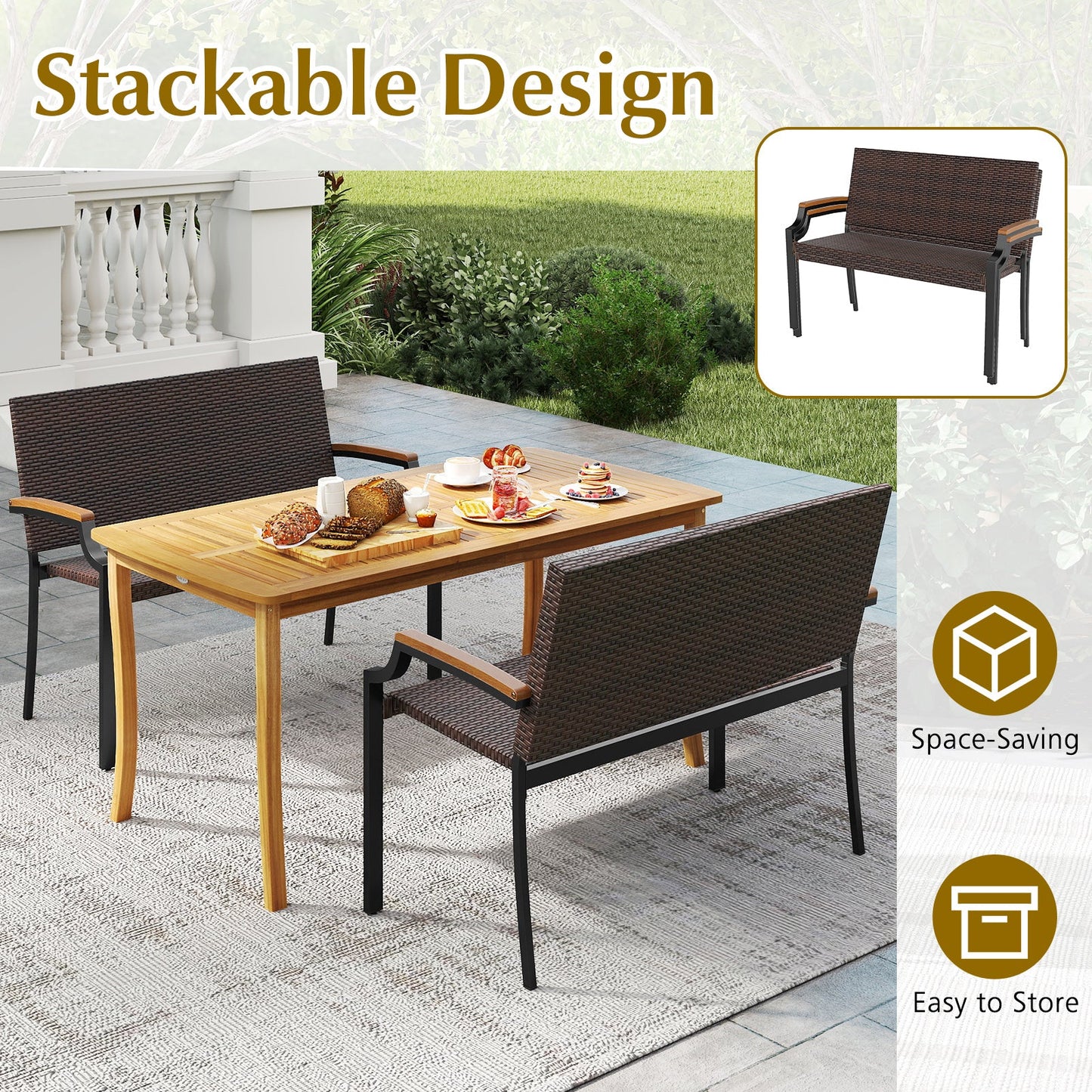 Patio Wicker Loveseat Chair with Acacia Armrests in brown weave and black metal frame on Tampa Home & Garden Store