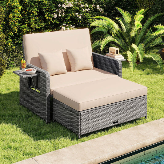 Patio Wicker Loveseat Sofa with Multipurpose Ottoman and Retractable Side Tray - Tampa Home & Garden Store
