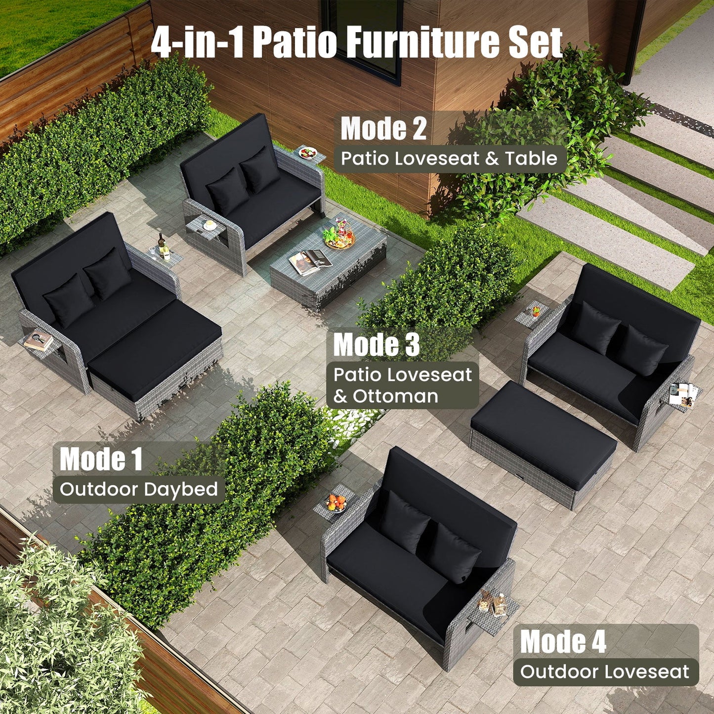 DirectDeals patio wicker loveseat with ottoman and tray, grey frame, black cushions, modular set on Tampa Home & Garden Store