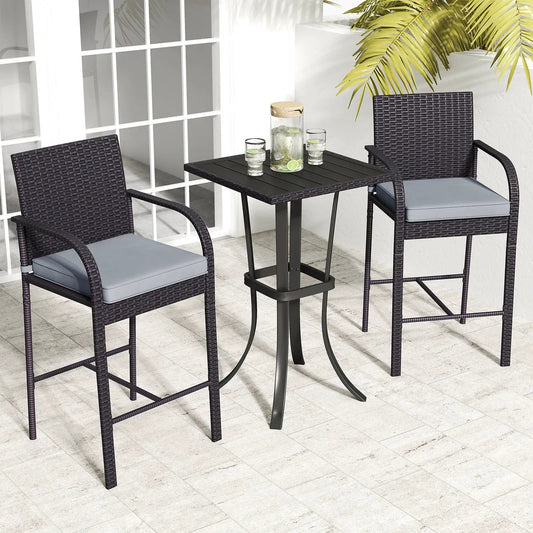 3-Piece Patio Wicker Rattan Bar Height Chairs and Square Table Set-Black - Tampa Home & Garden Store