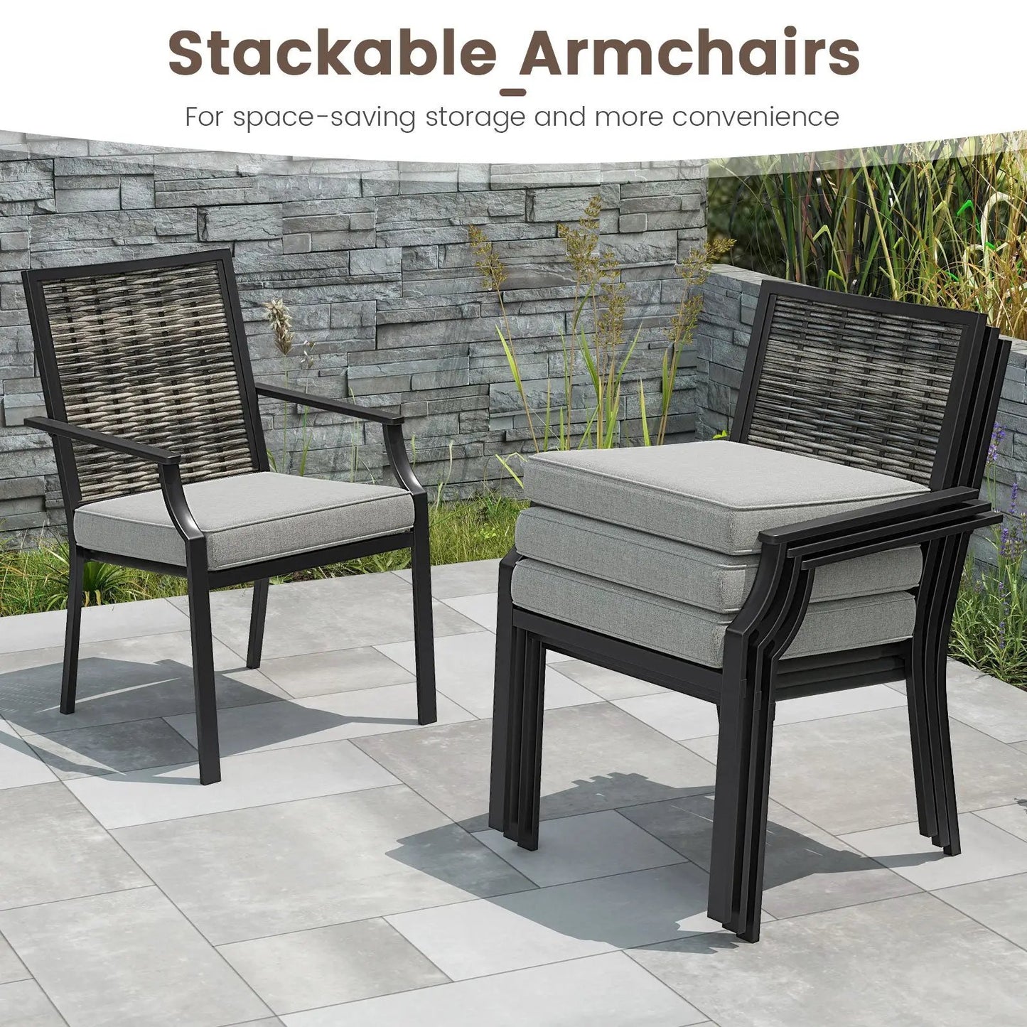 Patio Wicker Chairs Set of 2 Stackable Rattan Armchairs with Removable Cushions-Grey - Tampa Home & Garden Store