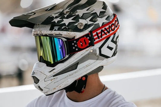 Patriot Havoc Infinity Goggle with starry white shell and red strap, mirrored rainbow lens on Tampa Home & Garden Store