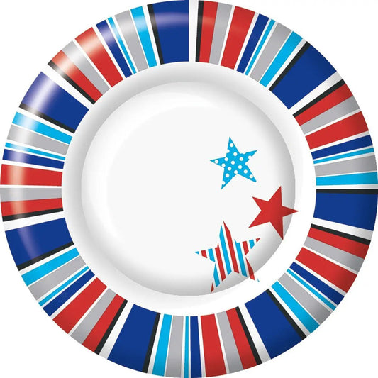 Patriotic Picnic Star Dessert Plates 8in paper plate with red white blue stripes and stars on Tampa Home & Garden Store