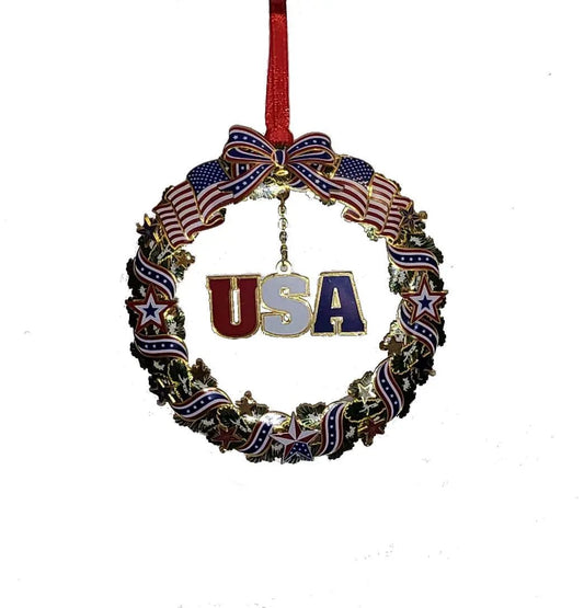 Brass patriotic wreath ornament with USA center by The Country Christmas Loft, red ribbon on Tampa Home & Garden Store