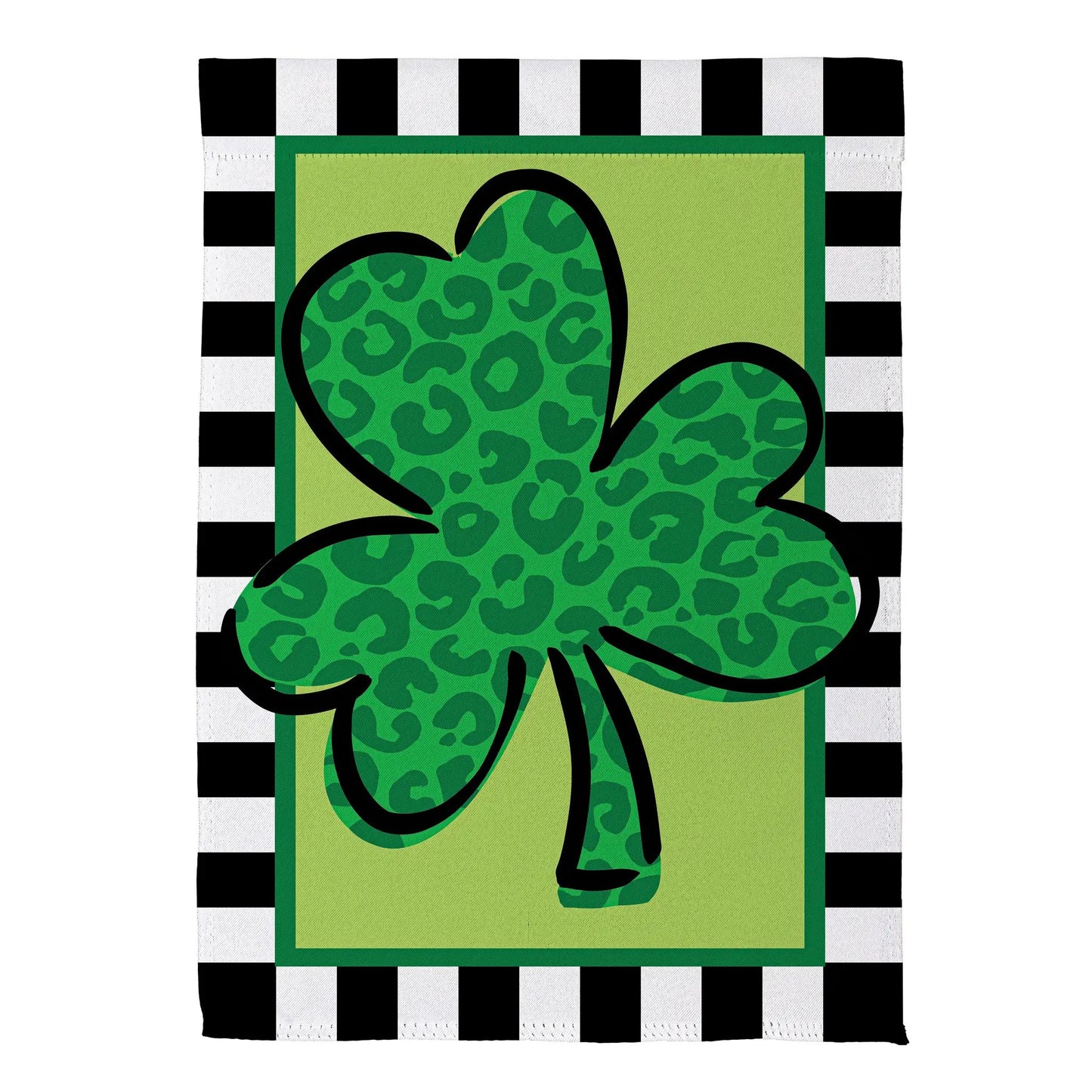 Patterned Shamrock Suede Garden Flag with lime field, leopard shamrock, bw checker border on Tampa Home & Garden Store