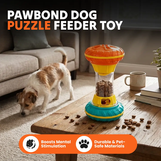 PawBounds interactive dog puzzle toy with orange lid and teal base on a coffee table beside dog on Tampa Home & Garden Store
