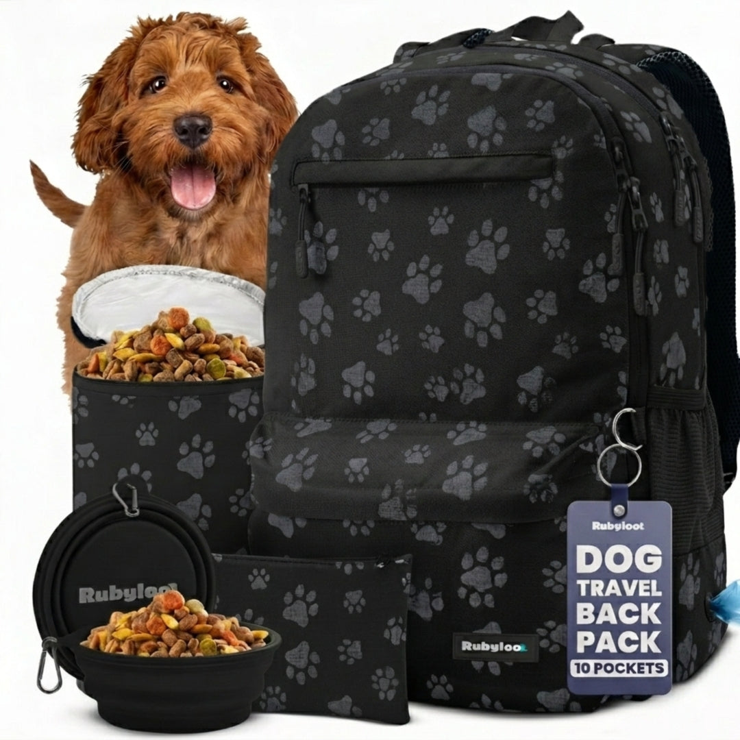 Rubyloo Doggy Bag Backpack for Dog Supplies black pawprint travel backpack with pockets on Tampa Home & Garden Store