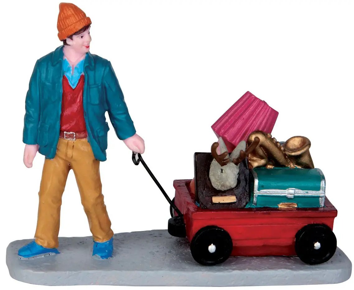 Pawn Shop Treasures Holiday Village Figurine: man in teal jacket pulls wagon with pink lampshade on Tampa Home & Garden Store