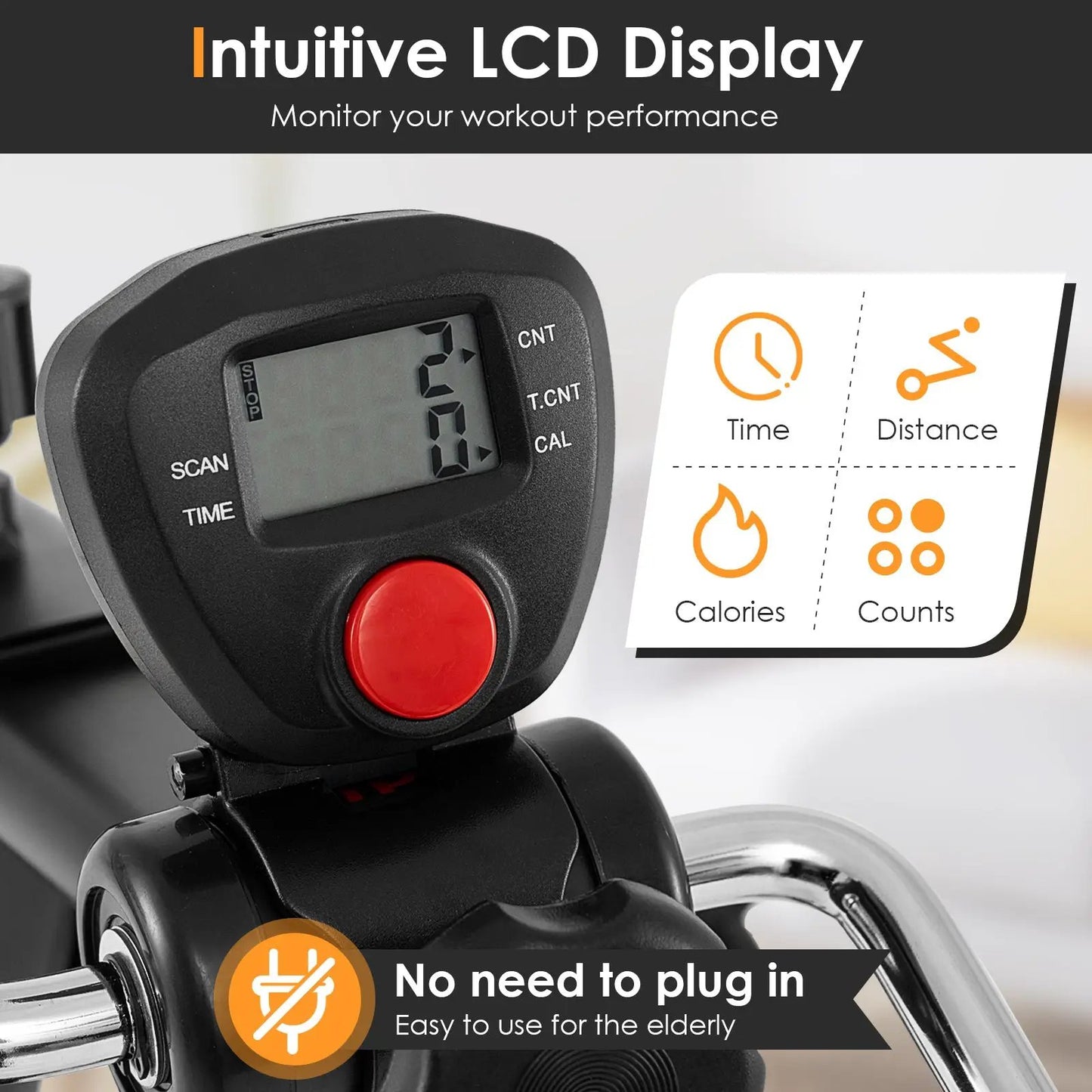 Adjustable pedal exerciser for arms and legs with digital display and orange button on Tampa Home & Garden Store