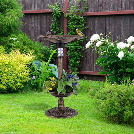 Pedestal birdbath and feeder with lotus-leaf basin and solar light, bronze finish; birds on Tampa Home & Garden Store