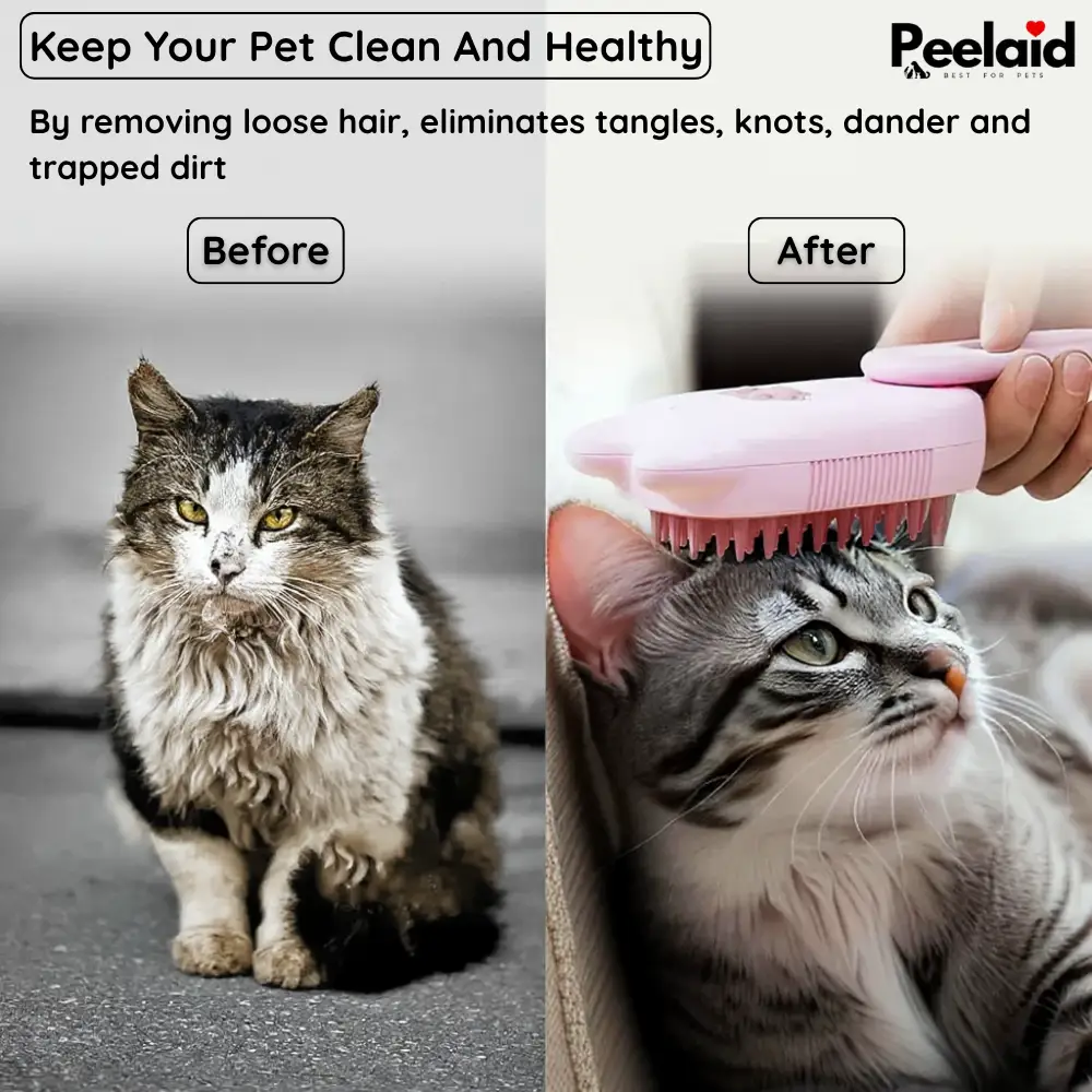 Peelaid Steam Pet Grooming Brush pink deshedding for cats before after split image on Tampa Home & Garden Store