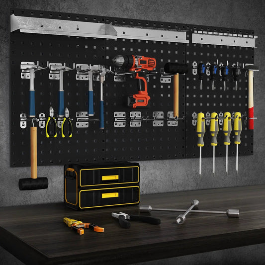 Wall-Mounted pegboard kit with 3 black pegboards, organized tools on wall on Tampa Home & Garden Store