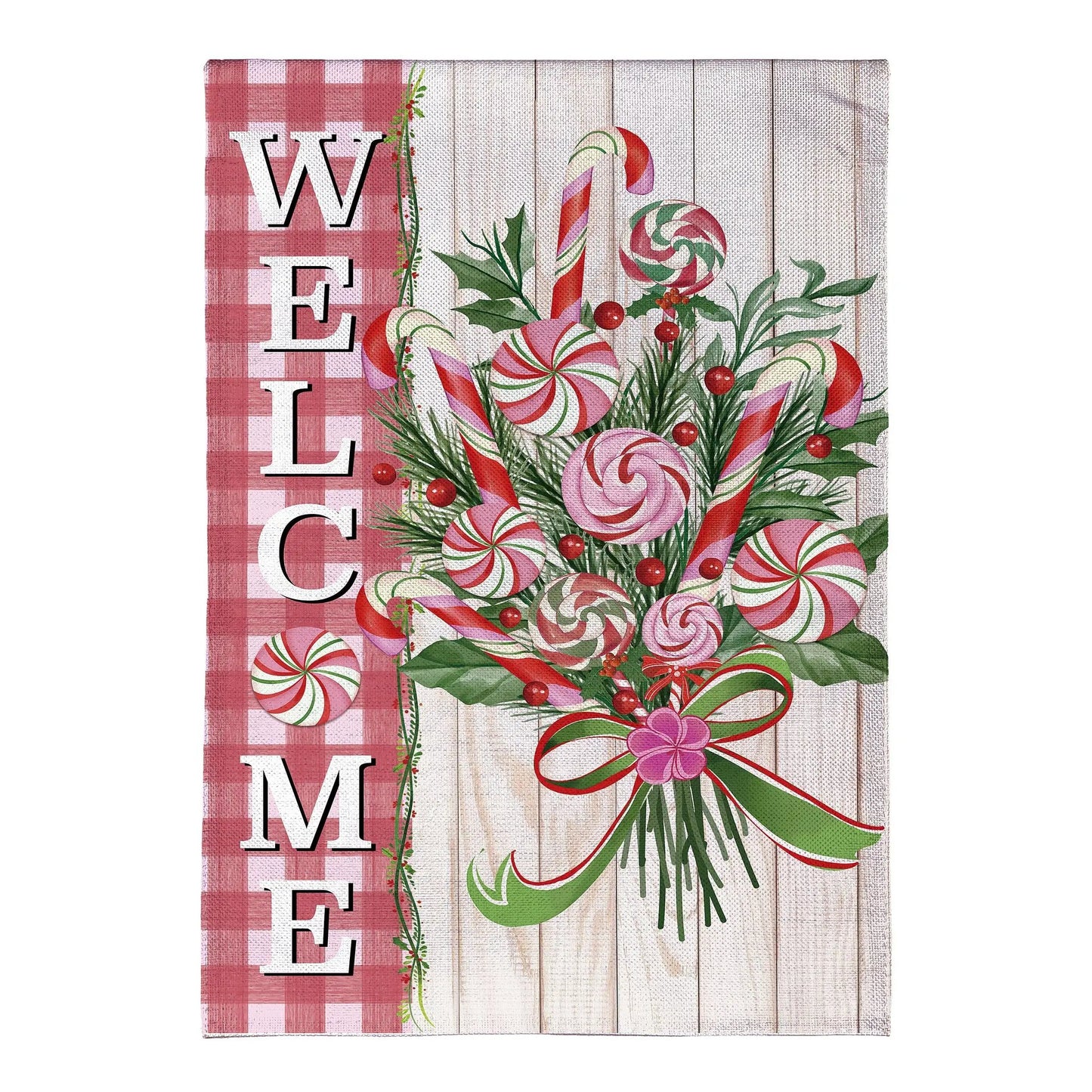 Peppermint Bouquet Burlap House Flag Evergreen Enterprises plaid burlap with candy canes on Tampa Home & Garden Store
