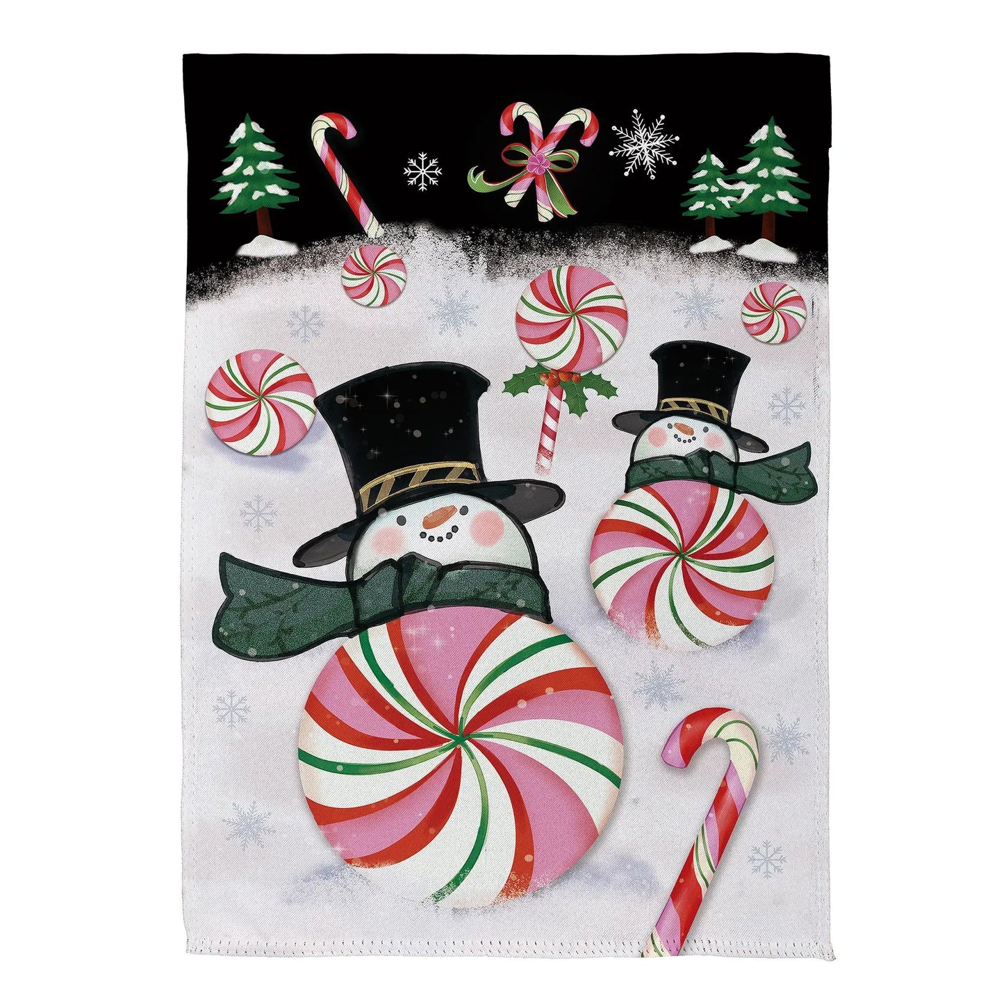 Peppermint Snowmen suede garden flag Evergreen Enterprises with candy canes and holly accents on Tampa Home & Garden Store