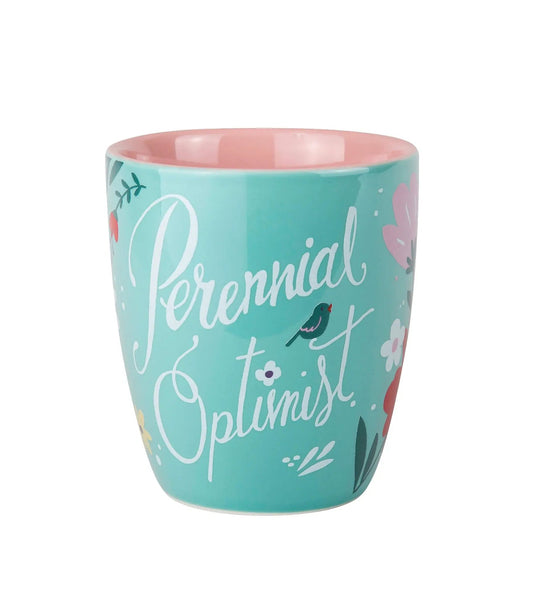 Perennial Optimist curved ceramic mug with turquoise exterior and pink interior on Tampa Home & Garden Store