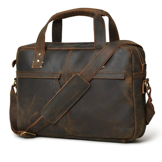Perkins Buffalo Leather Office Briefcase brown with top handles and shoulder strap on Tampa Home & Garden Store
