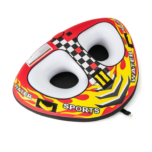 Towable tube with two seats, red/yellow flame graphics and checkerboard stripe on Tampa Home & Garden Store