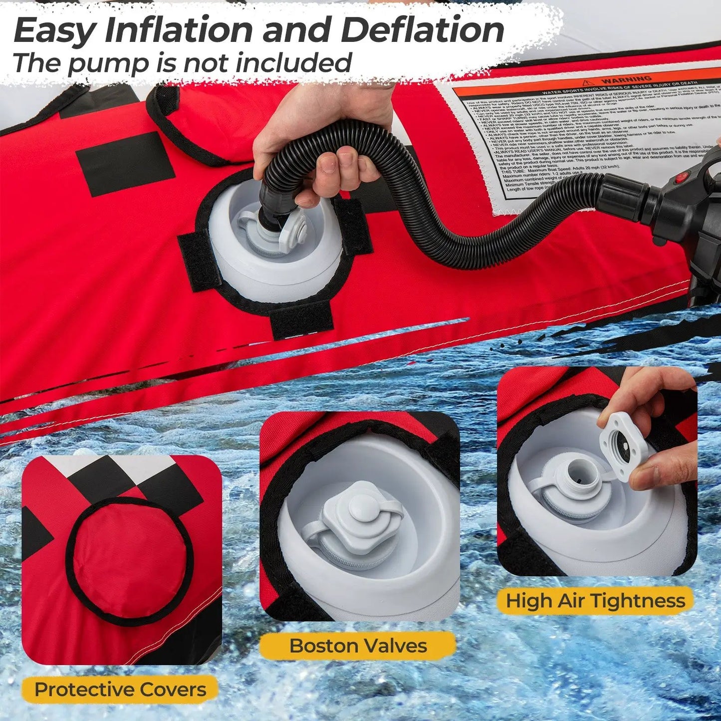 Towable tube with quick connector and drainage, red raft with Boston valve and hose on Tampa Home & Garden Store