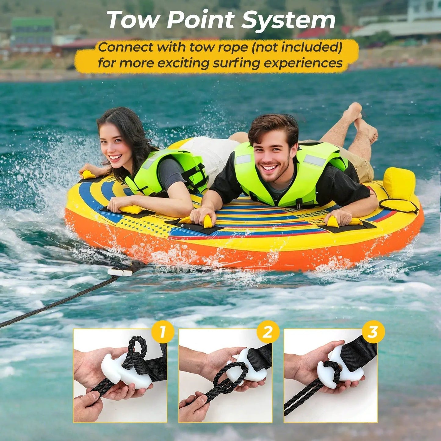 2-person inflatable towable tube with quick connector, yellow with blue/orange accents on Tampa Home & Garden Store